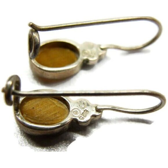 925 Tiger Eye Earrings Hook Drop Dangle Sterling Silver Vintage Patina - Picture 2 of 8